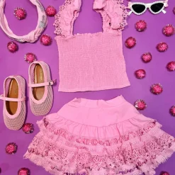 ADINA PINK LEMONADE SMOCKED TOP AND RUFFLE SKIRT