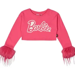 BARBIE FEATHER TRIM LONG SLEEVE CROP TOP