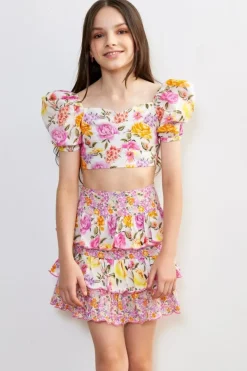 BLAIRE FLORAL PUFF SLEEVE CROP TOP AND SKIRT SET