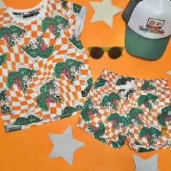CHECKERED DINO SWIM TRUNKS