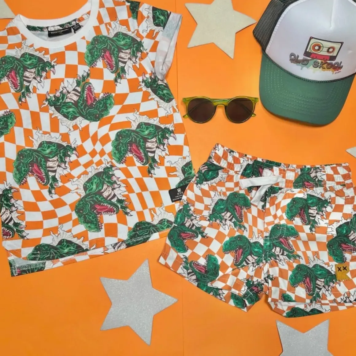 CHECKERED DINO SWIM TRUNKS