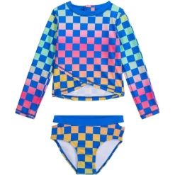 CHECKERED LONG SLEEVE RASH GUARD TWO PIECE SWIMSUIT SET