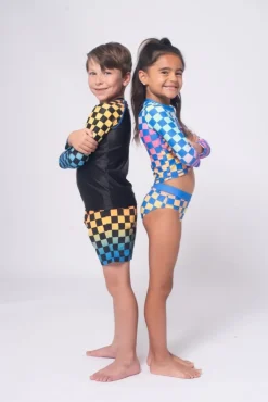CHECKERED LONG SLEEVE RASH GUARD TWO PIECE SWIMSUIT SET