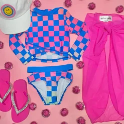 CHECKERED LONG SLEEVE RASH GUARD TWO PIECE SWIMSUIT SET