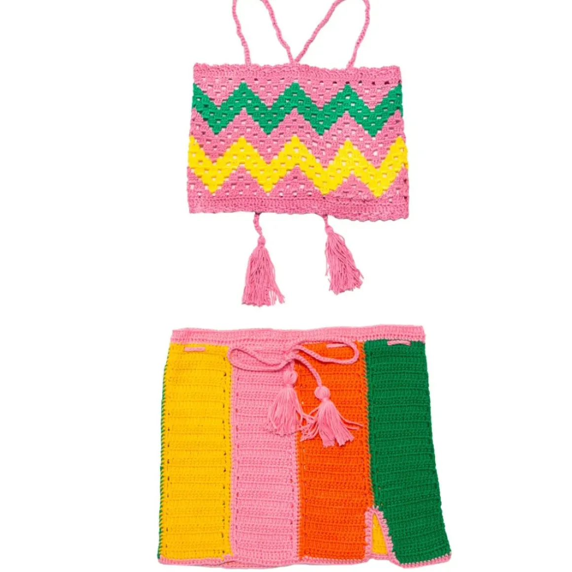 COLOR BLOCK CROCHET TOP AND SKIRT SET