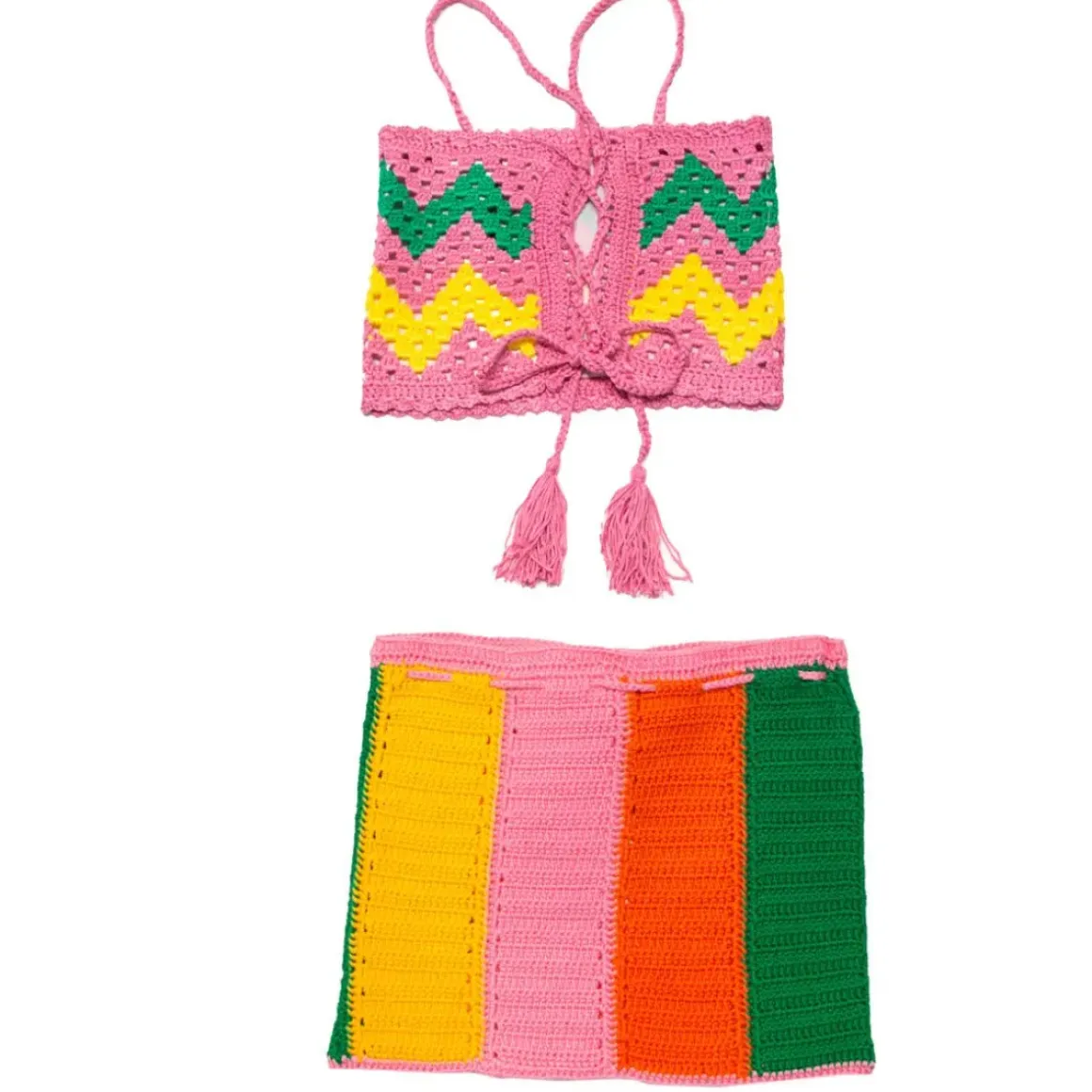 COLOR BLOCK CROCHET TOP AND SKIRT SET