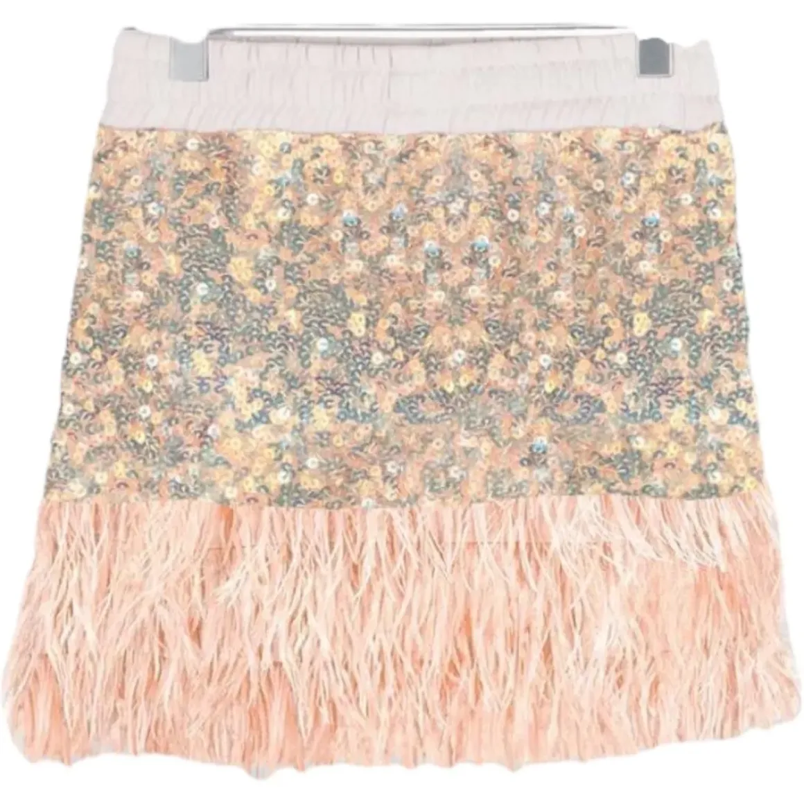 EMBELLISHED SEQUIN SKIRT W/ FEATHERS