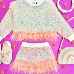 EMBELLISHED SEQUIN SWEATSHIRT W/ FEATHERS