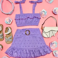 EYELET TANK TOP AND BELTED SKIRT SET