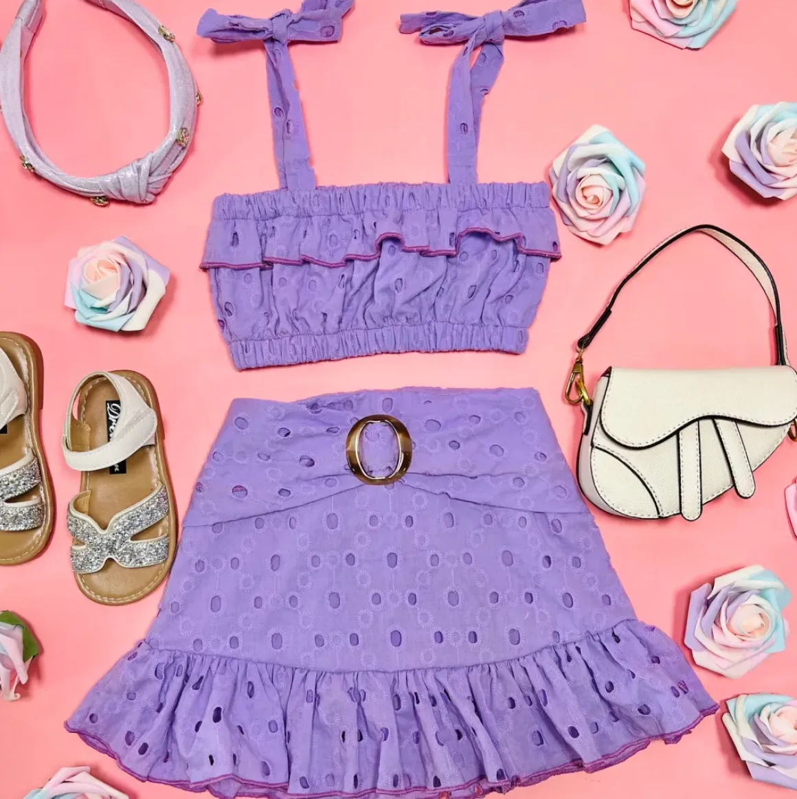 EYELET TANK TOP AND BELTED SKIRT SET