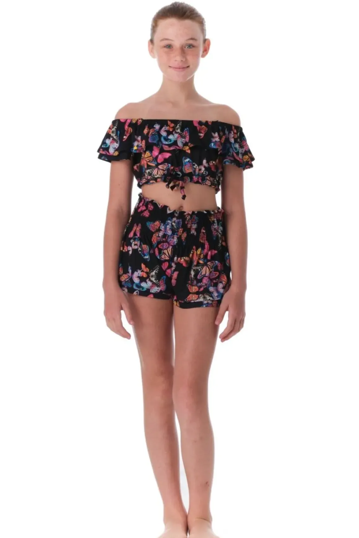 FLY AWAY BUTTERFLY RUFFLE CROP TOP