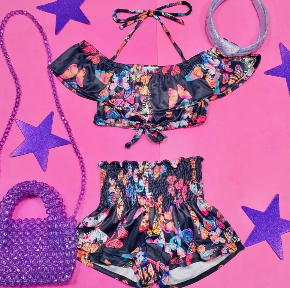 FLY AWAY BUTTERFLY RUFFLE CROP TOP