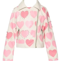 HEART PRINT MOTO JACKET W/ PEARLS