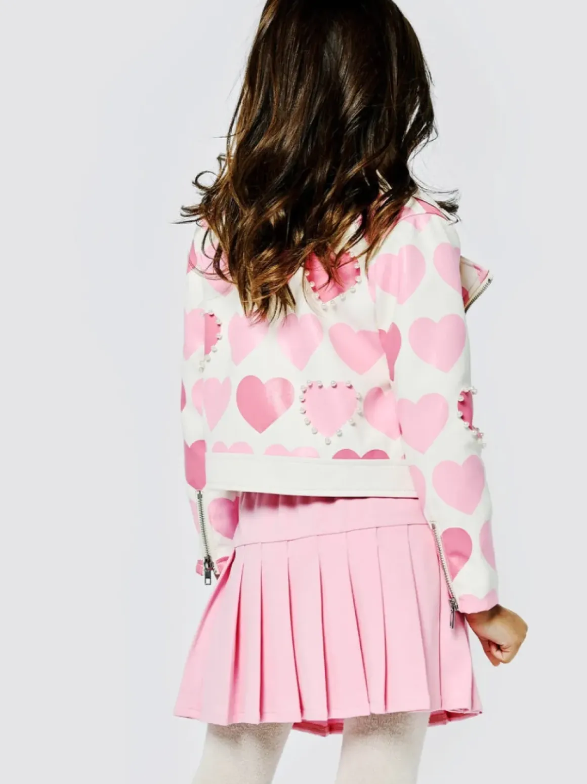 HEART PRINT MOTO JACKET W/ PEARLS