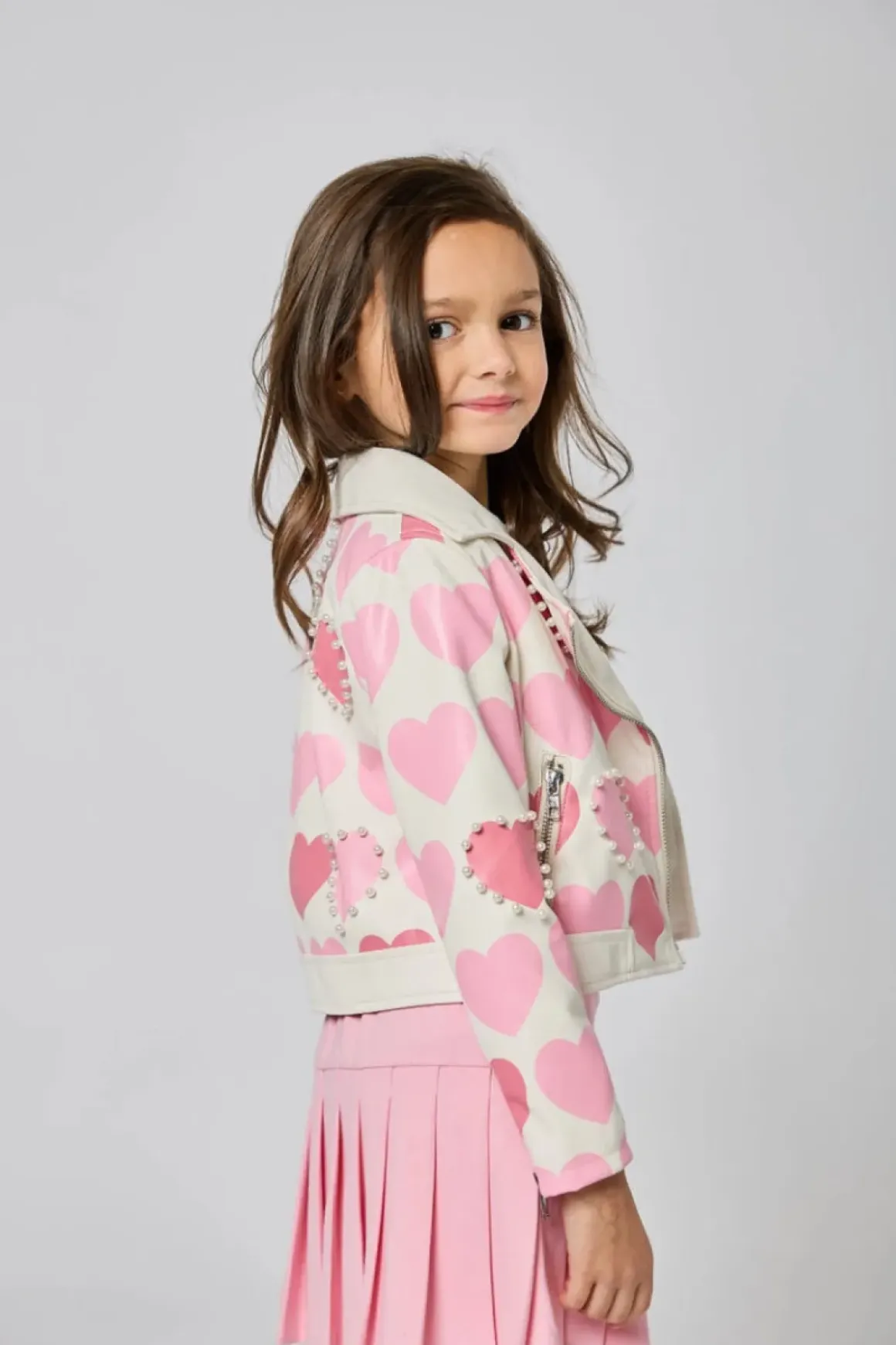 HEART PRINT MOTO JACKET W/ PEARLS