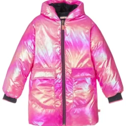 IRIDESCENT MINI HEARTS HOODED PUFFER JACKET