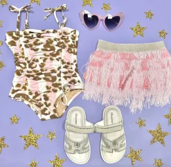 LEOPARD METALLIC ONE PIECE SWIMSUIT W/ FRINGE SKIRT SET