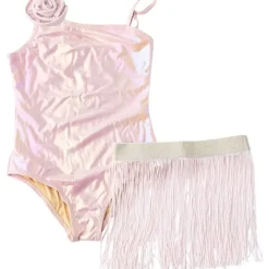 METALLIC ROSE ONE PIECE SWIMSUIT W/ FRINGE SKIRT SET