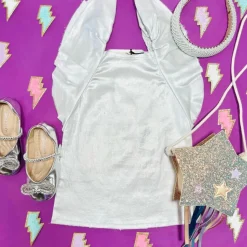 METALLIC RUFFLE DENIM DRESS