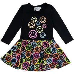 NEON SMILEY FACE RUFFLE LONG SLEEVE DRESS