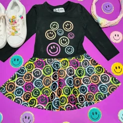 NEON SMILEY FACE RUFFLE LONG SLEEVE DRESS