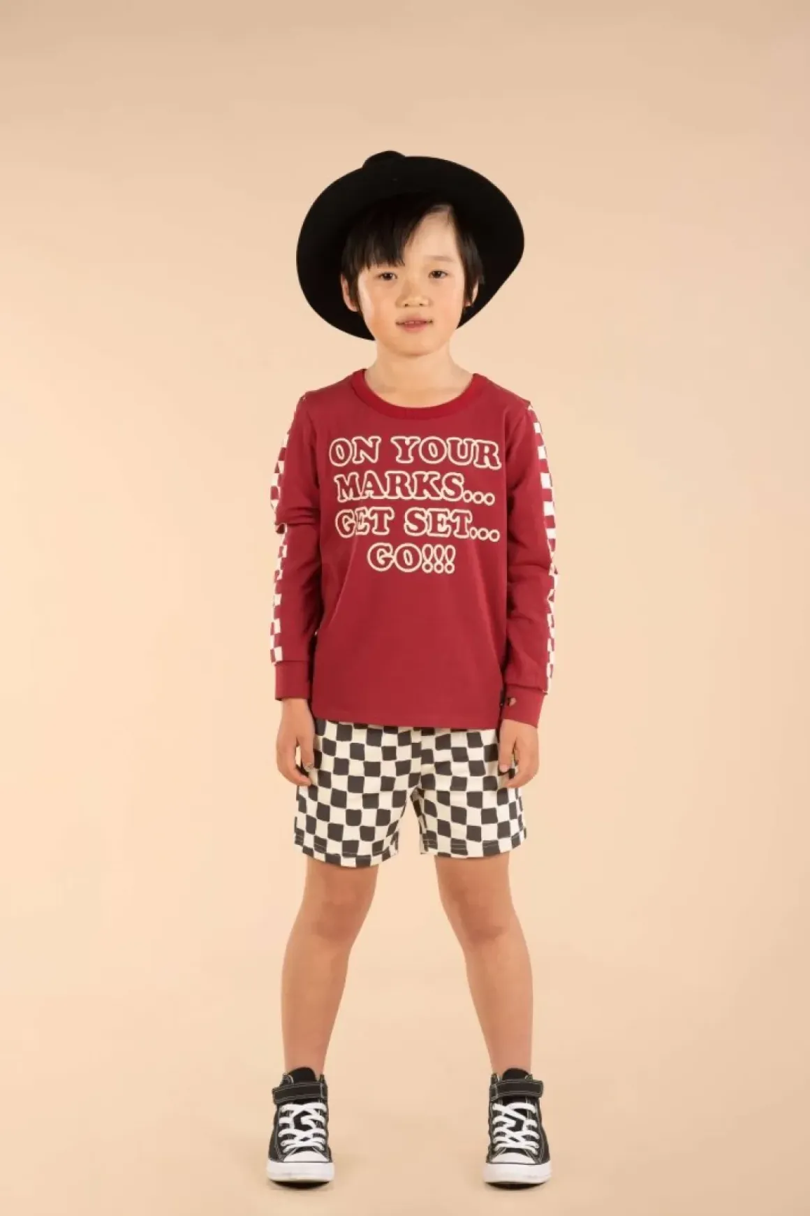 ON YOUR MARKS CHECKERED LONG SLEEVE TSHIRT