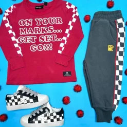 ON YOUR MARKS CHECKERED LONG SLEEVE TSHIRT