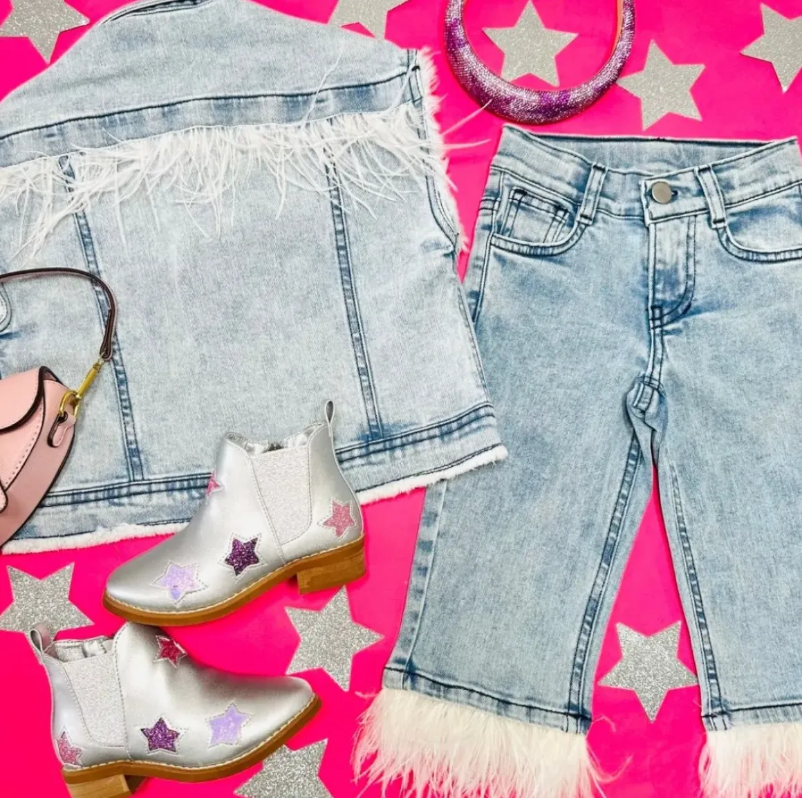 OVERSIZED FEATHER TRIMMED DENIM VEST