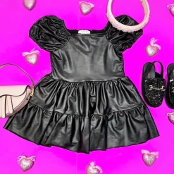 PLEATHER PUFF SHOULDER RUFFLE DRESS