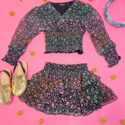 RAINBOW FLORAL BLOUSE AND RUFFLE SKIRT SET