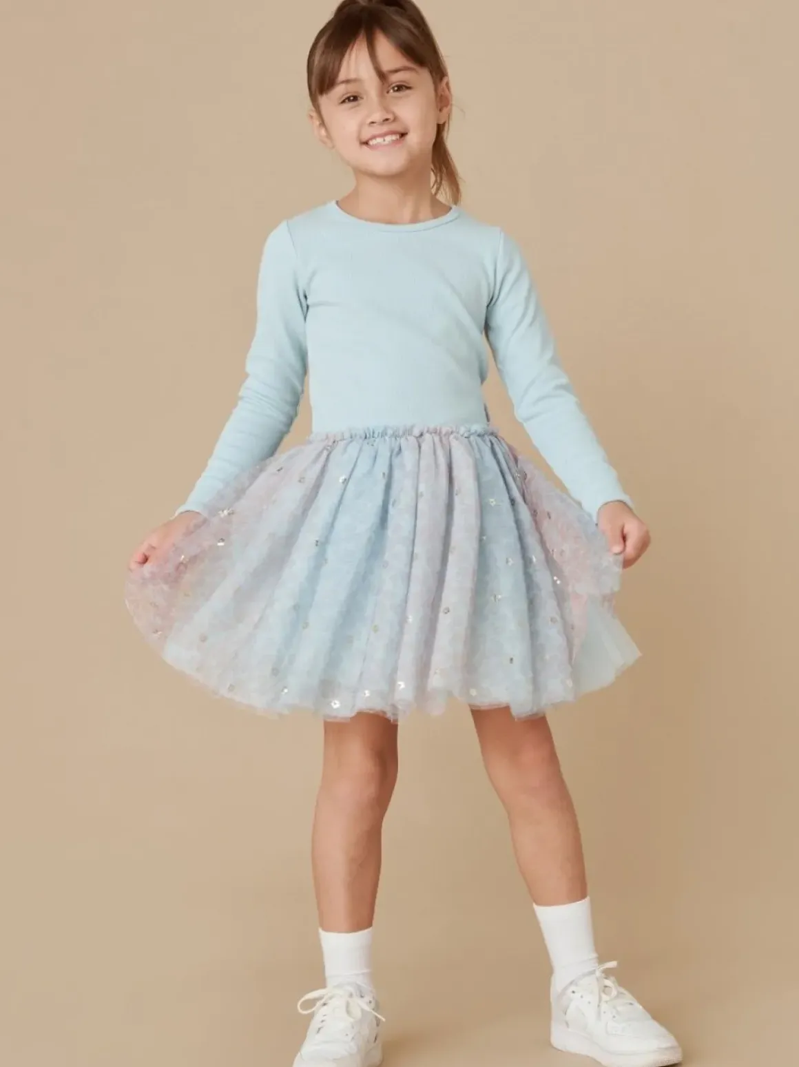RAINBOW FLOWER RIB LONG SLEEVE BALLET DRESS