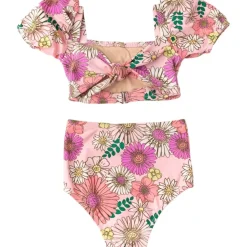RETRO BLOSSOM PUFF SLEEVE TWO PIECE BIKINI