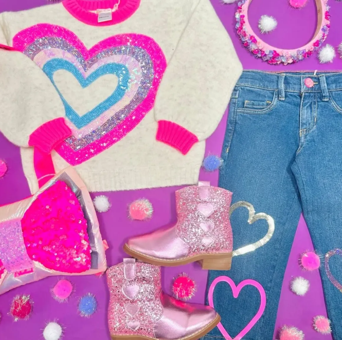 SEQUIN HEART DENIM PANTS