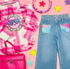 SEQUIN POCKET WIDE LEG DENIM PANTS