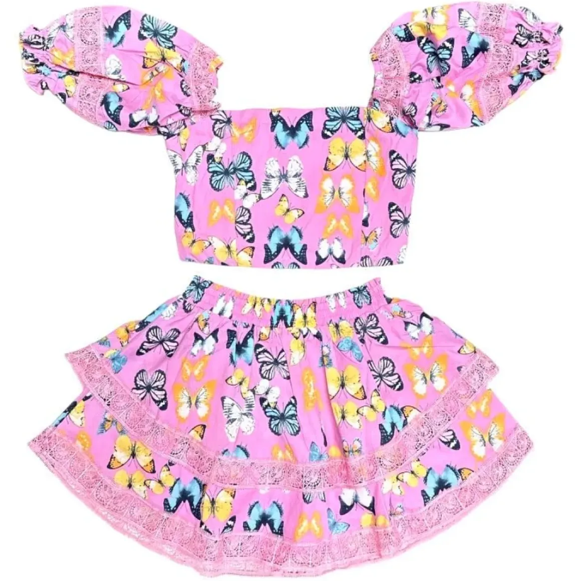 SIMONE BUTTERFLIES PUFF SLEEVE TOP AND SKIRT SET