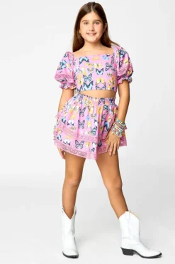 SIMONE BUTTERFLIES PUFF SLEEVE TOP AND SKIRT SET