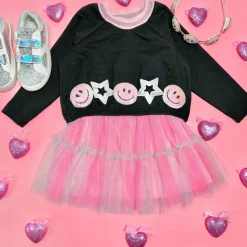 SMILEY FACE & STARS PATCHES TUTU DRESS