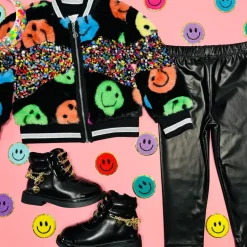 SMILEY FACE AND SEQUIN FRINGE FAUX FUR BOMBER JACKET