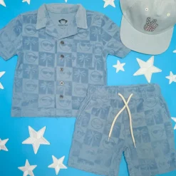 SMILEY FACE CHECKERED TERRY RESORT BUTTON DOWN TOP