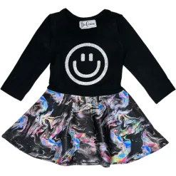 SMILEY FACE HOLOGRAPHIC MARBLE RUFFLE LONG SLEEVE DRESS