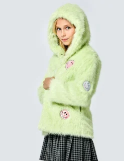 SMILEY FACE HOODED FAUX FUR COAT