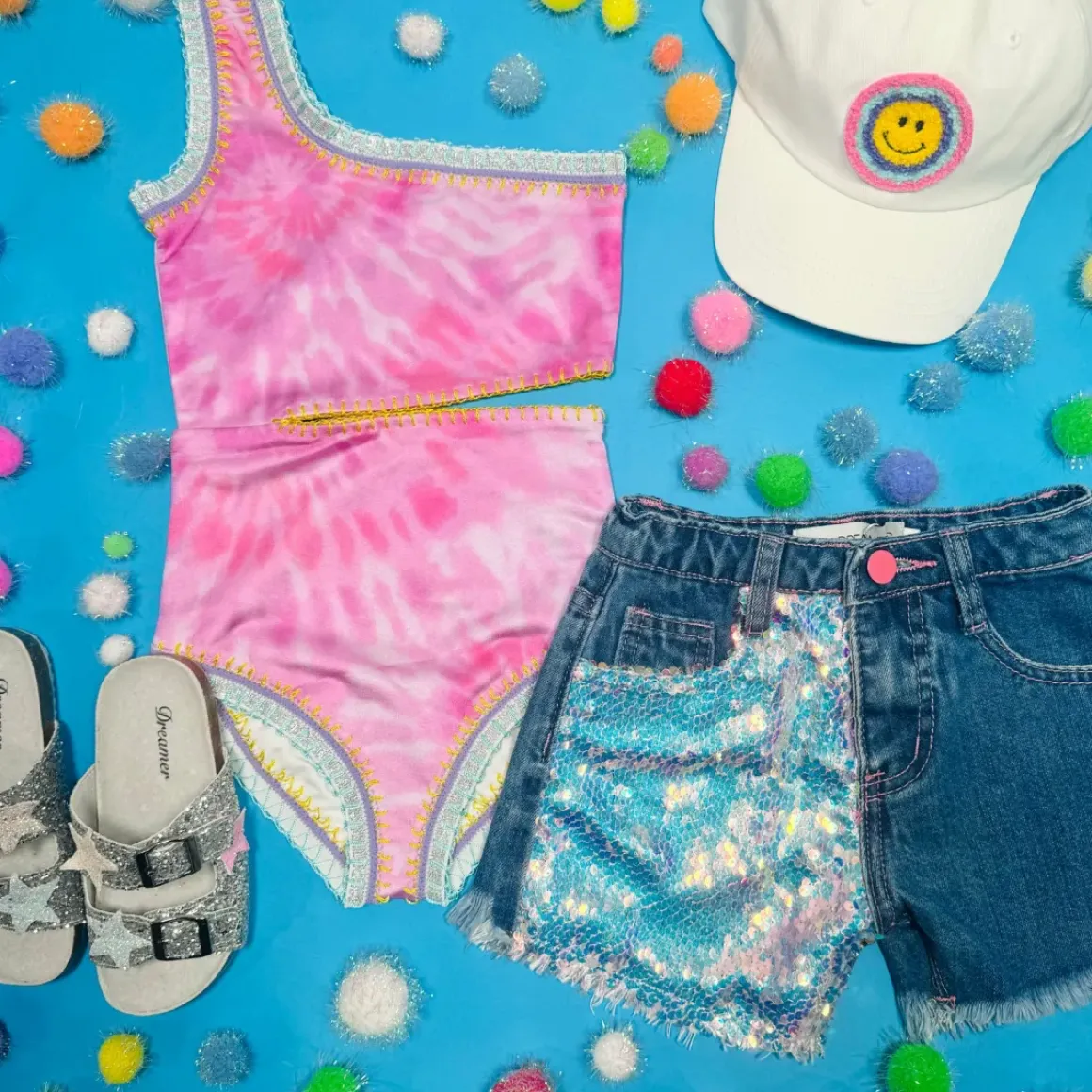 TIE DYE RAINBOW STITCHING CUTOUT ONE PIECE SWIMSUIT